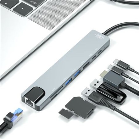 ADAPTADOR TIPO C - HDMI, 2 X USB 3.0, RJ45, LECTOR TARJETAS, 2 X TIPO C XO