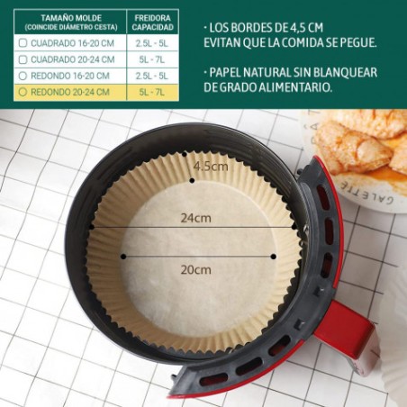 PACK 20 BASES REDONDAS PAPEL PARA AIRFRYER 24CM ALGON