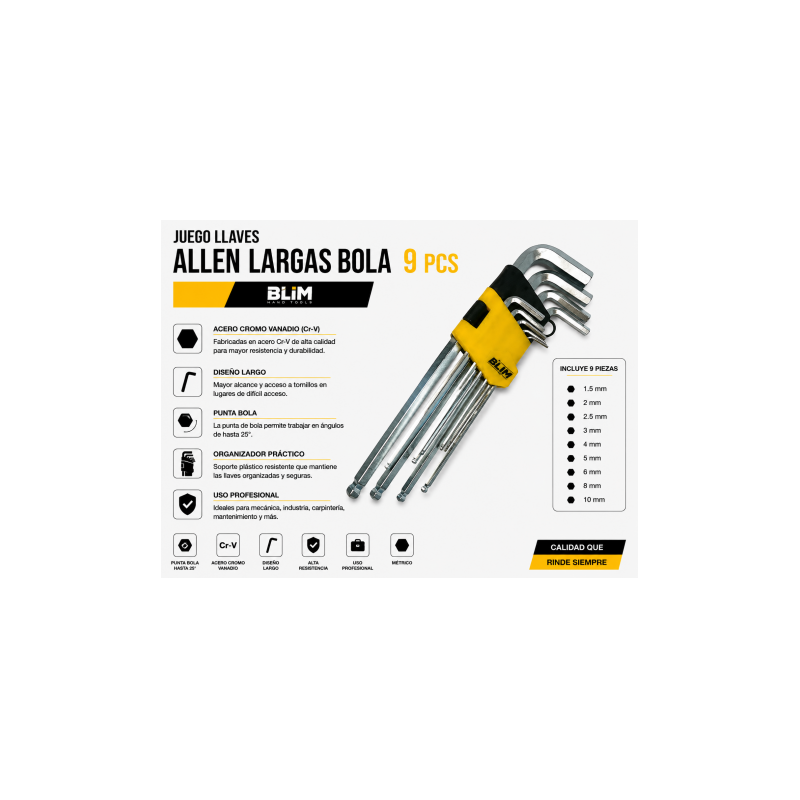 JUEGO LLAVES ALLEN LARGAS BOLA 9 PCS...