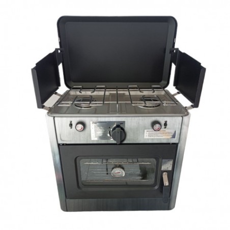 COCINA 2 FUEGOS CON TAPA + HORNO DE GAS CON SISTEMA DE SEGURIDAD MUVIP