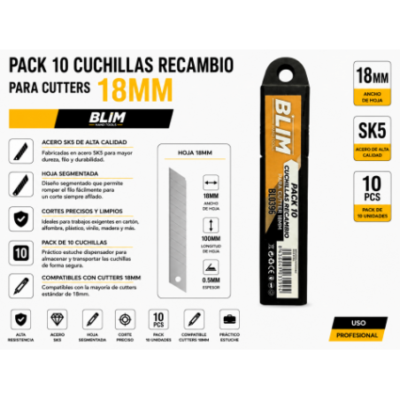 PACK 10 CUCHILLAS RECAMBIO PARA CUTTERS 18 MM BLIM