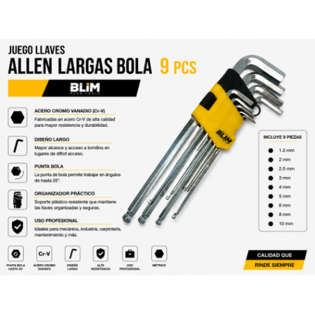 JUEGO LLAVES ALLEN LARGAS BOLA 9 PCS BLIM