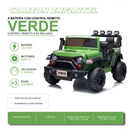 COCHE INFANTIL A BATERIA CON CONTROL REMOTO JEEP 4X4 VERDE