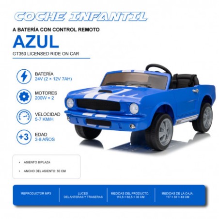 COCHE INFANTIL A BATERIA CON CONTROL REMOTO FORD MUSTANG SHELBY GT350 AZUL