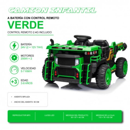 CAMION INFANTIL A BATERIA CON PLATAFORMA DE CARGA VERDE