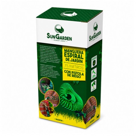 MANGUERA ESPIRAL DE JARDIN 7.5 METROS CON PISTOLA DE RIEGO SUNGARDEN