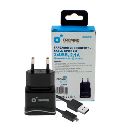 PACK CARGADOR CORRIENTE 2.1A + CABLE TIPO C 2.0 CROMAD - CR0913-3